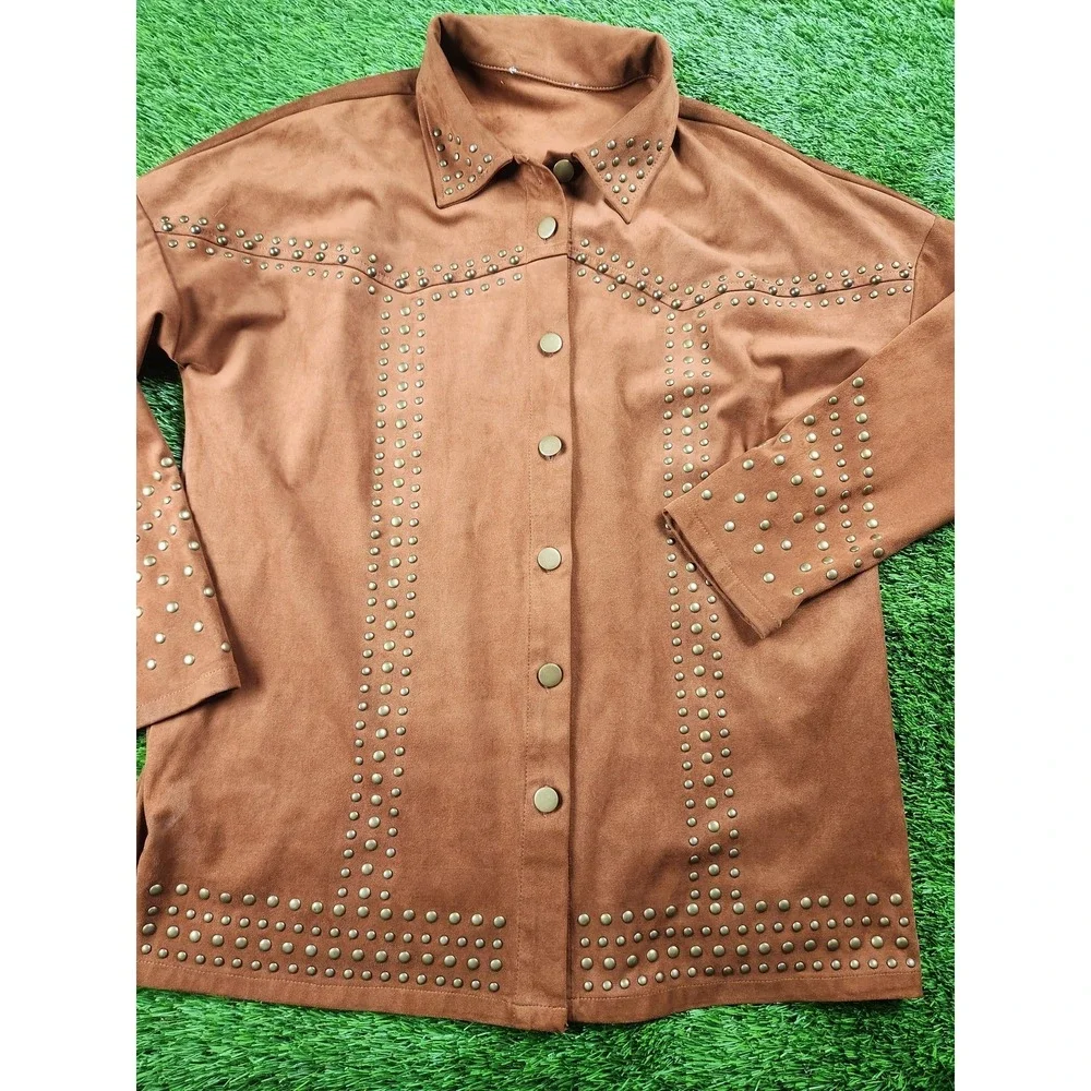 Studded Jacket Womens S Brown Faux Suede Snap Front Western Microfiber Boho